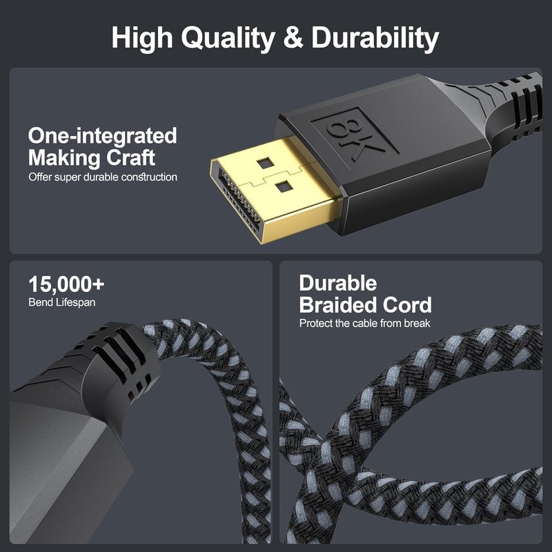 DteeDck DisplayPort Cable 1.4 20FT, DP Display Port Cord (8K@60Hz, 4K@144Hz, 2K@240Hz, 32.4Gbps) Braided Male to Male Compatible for Computer Monitor PC Gaming Laptop TV - Image 4